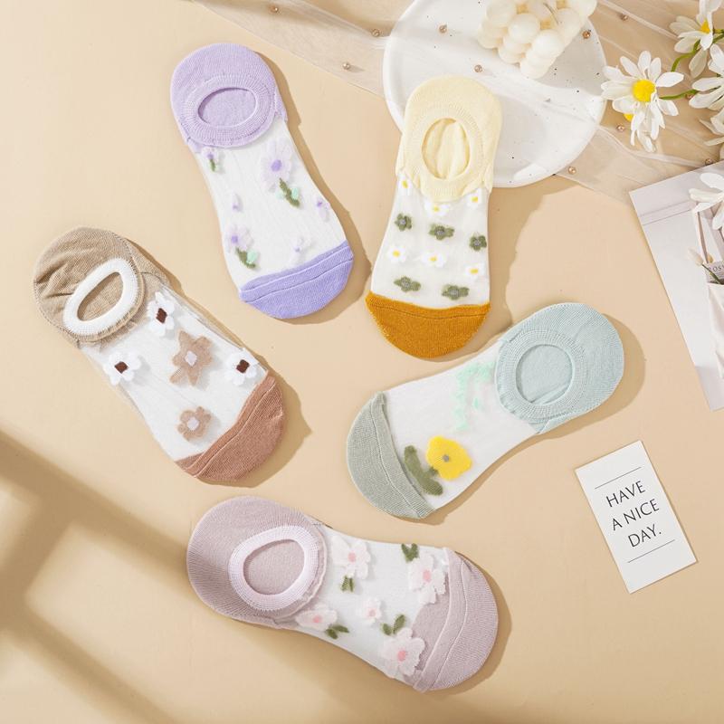 Summer Thin Crystal Stockings Japanese Style Student Sweet Short Socks Boat Socks Non-slip Invisible No-fall Heel Socks for Women