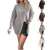 Women's Solid Color Turtleneck Pullover Knit Sweater, Loose Mid-length, Split-hem Cardigan