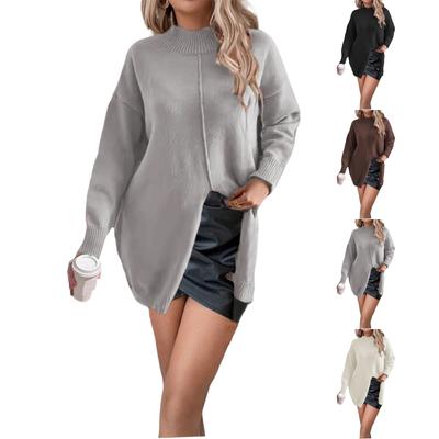 Damen Einfarbiger Rollkragen-Pullover Strickpullover, Locker Mittellang, Cardigan mit Schlitzsaum