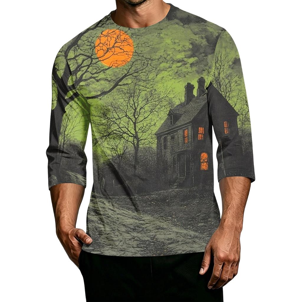 Men's Casual Halloween Printed Crew Neck T-Shirt Three Quarter Sleeve Top Lightweight Comfortable Fit Graphic Tee for Everyday Wear