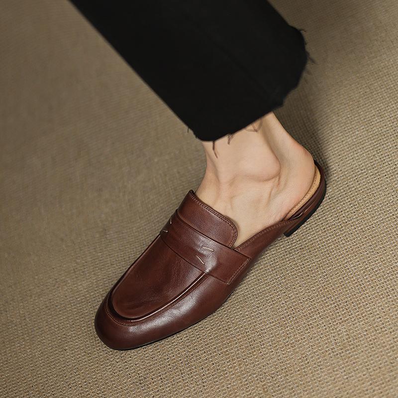 Fashion 2025 Women's New Spring/Summer Retro Round Toe Genuine Leather Sheepskin Headband Comfortable Low Heel Large Muller Slippers