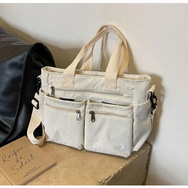 Borse Messenger Casual in Velluto a Coste Grande Capacità per Pendolari Mamma Portatile Borsa a Spalla Multi Scomparti Borse Tote da Campeggio