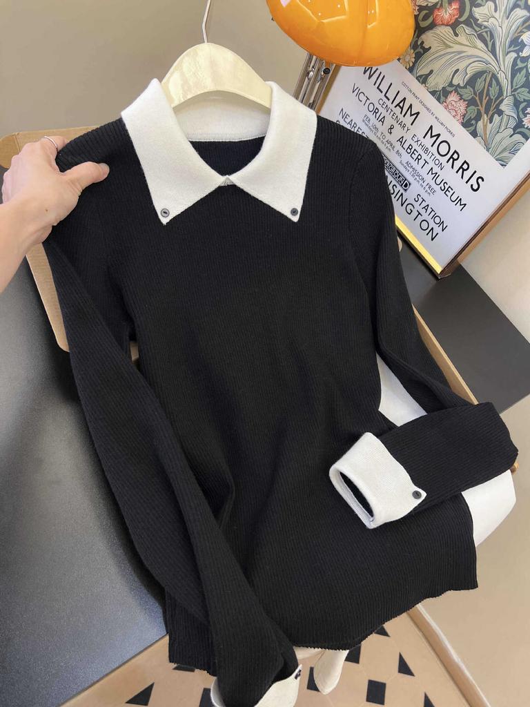 Maillard Coffee Lapel Bottom Top Women's Autumn and Winter Contrasting Olo Shirt Slim-fitting Versatile Commuter Knitted Sweater