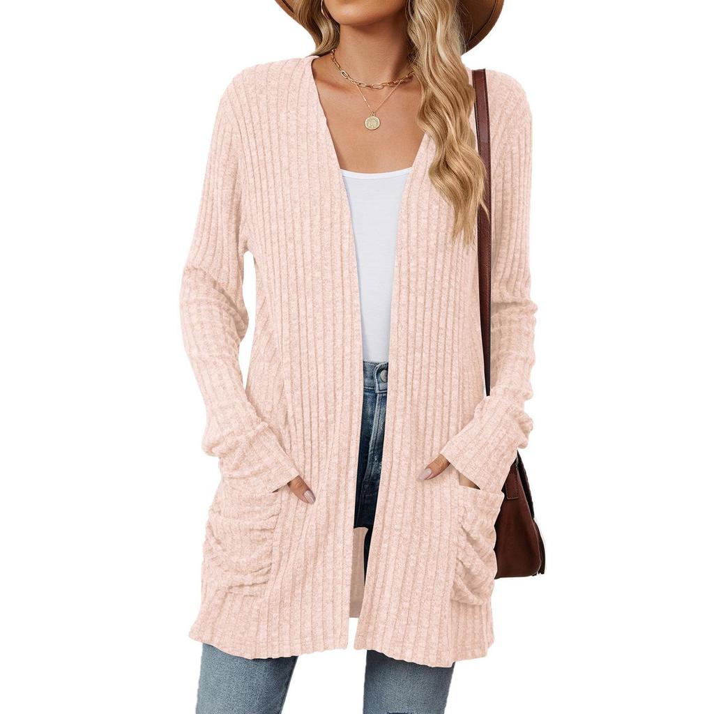 Autumn and Winter New Ladies Knitted Pockets Long-sleeved Casual Cardigan Jacket Long Cardigan Women Tops Kawaii Sweater