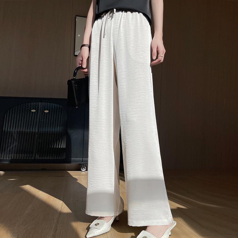 

Женские брюки из ледяного шелка 2025 с высокой посадкой, широкими штанинами, текстурированные, стройнящие, для лета M