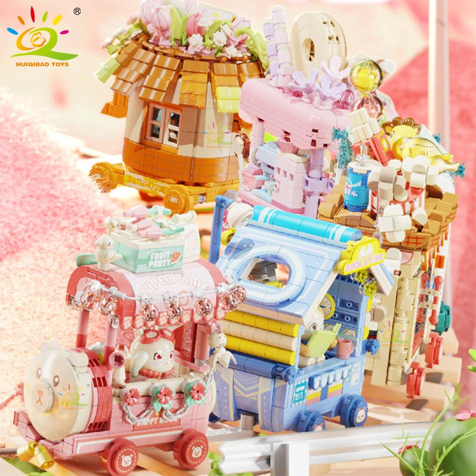 HUIQIBAO City Street View Series Cute Pet Wish Train Shop Mini MOC Model Building Block Micro Set Creative Store Bricks Toys Kid