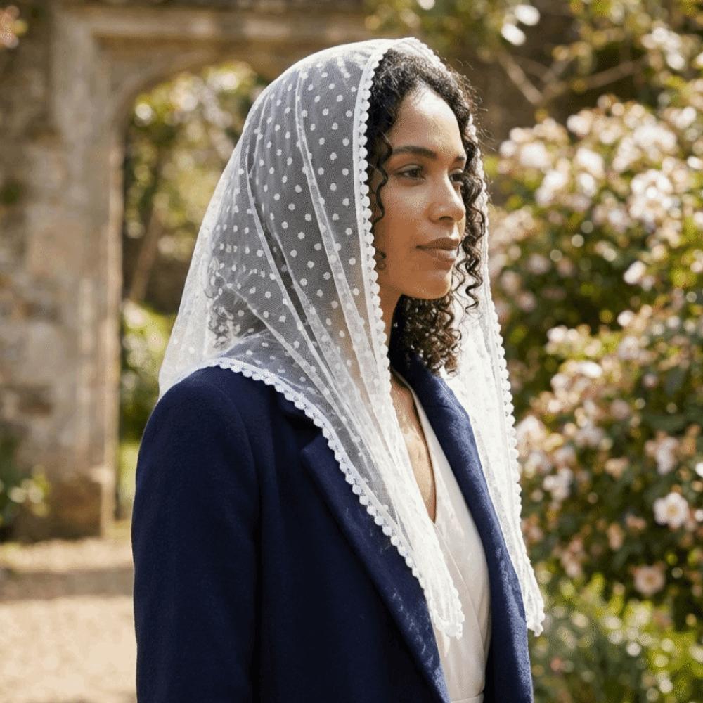 Soft Lace Headscarf Polka Dot Bridal Face Covering Sophisticated Triangular Scarf  Religious Events