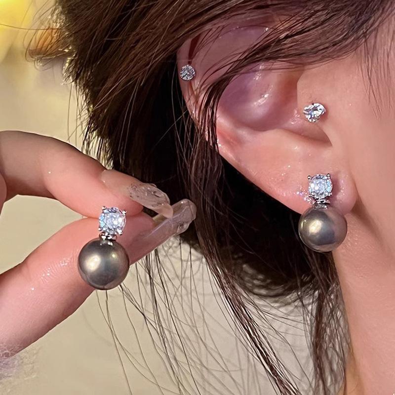 S silver needle zircon pearl earrings women's niche butterfly stud earrings versatile temperament earrings