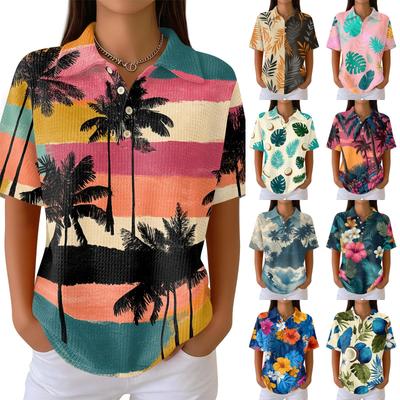 Camisa de punto para mujer de manga corta con cuello y estampado hawaiano, corte relajado, botones, top de verano para uso casual