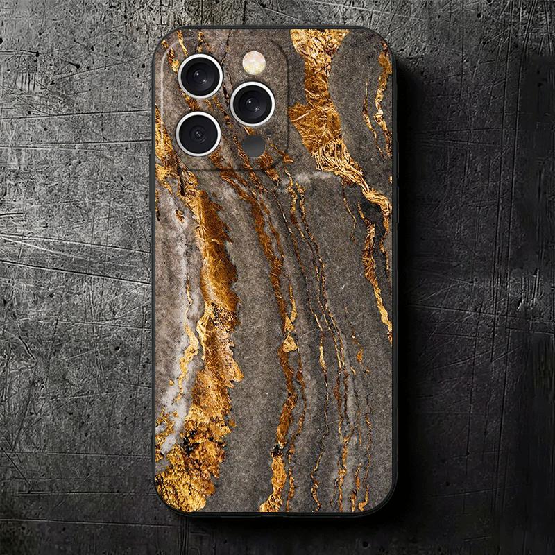Gold Granite Marble Pattern Soft Phone Case for iPhone 16 16E 17 Air 15 Pro Max 14 Plus 13 Mini 11 12 7 Black Cover Back Shell
