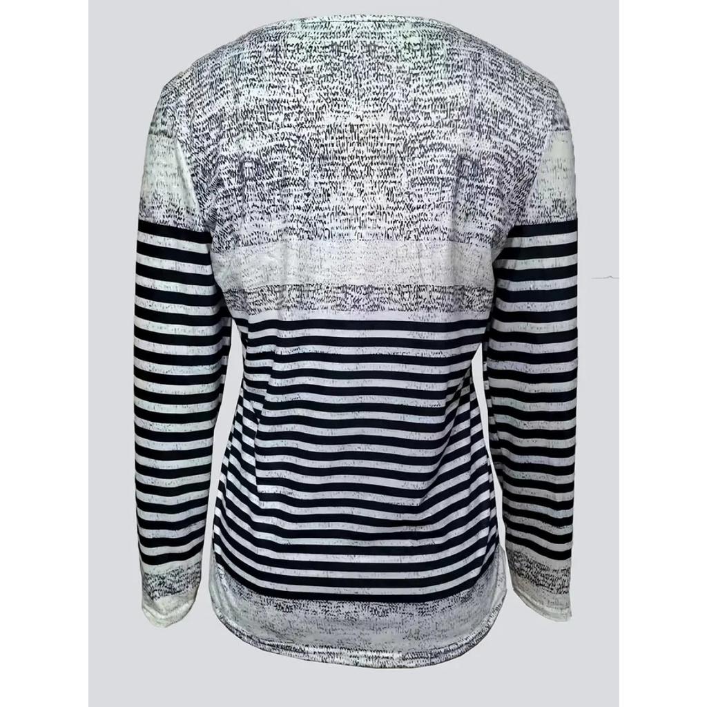 New Women's Half-Zip Polo Neck Striped Print T-Shirt Casual Versatile Regular Shoulder Top for Europe USA Crossborder