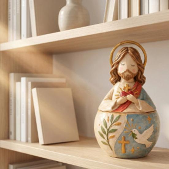 Mini Prayer Figure Jewelry Box Resin Handmade Mary Virgin Jesus Praying Christian Keepsake Box Catholic Gift for Men Women