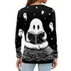Women's Long Sleeve V-Neck T-Shirt with Button and Halloween Print Casual Top