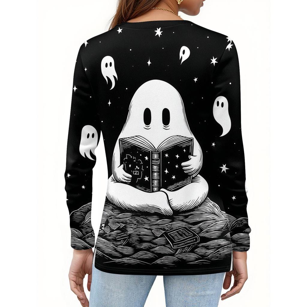 Women's Long Sleeve V-Neck T-Shirt with Button and Halloween Print Casual Top