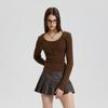 Spring Women's New Spice Girl Style Solid Color Embroidered Strap Long Sleeve Low-neckline T-shirt