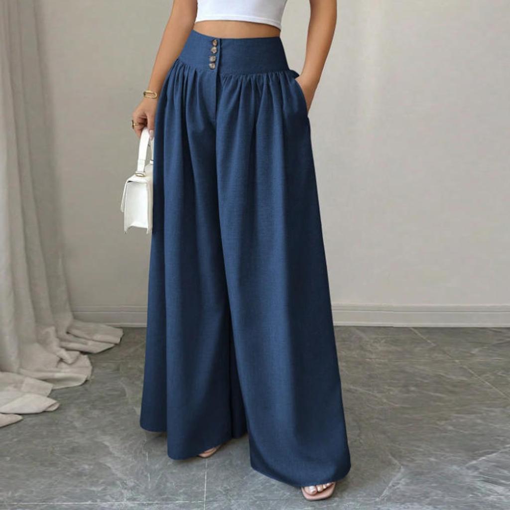 Women's Casual Button Pleated Loose Wide Leg Casual Pants