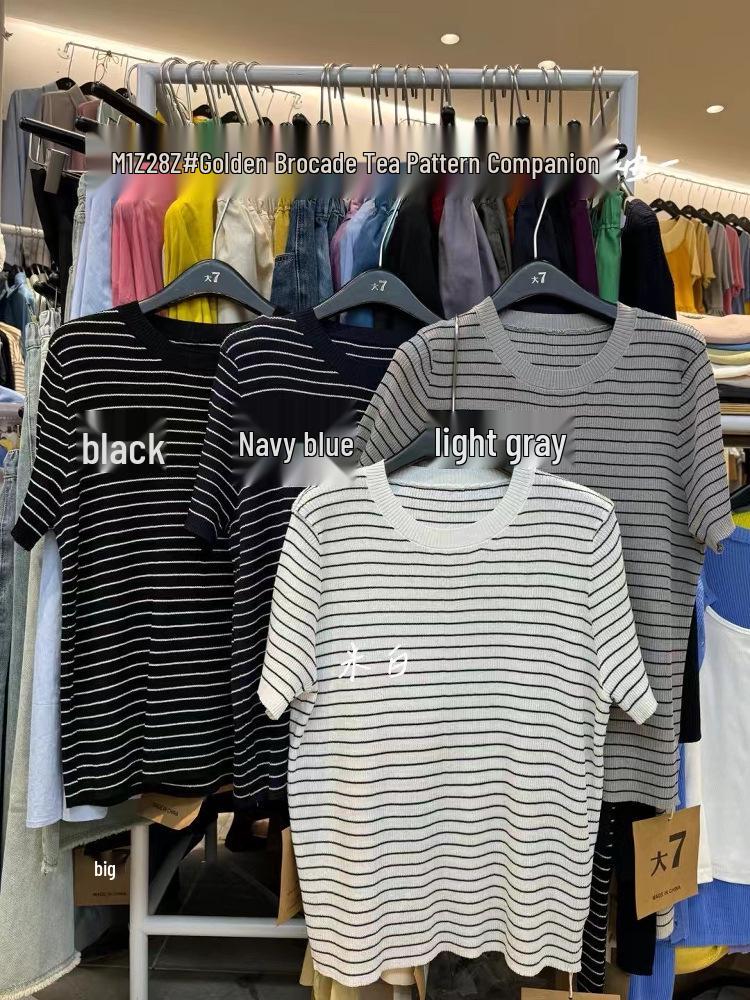 

Da7 Women s Plus Size Casual Striped Knit T-Shirt - Korean Style, Short Sleeve, Summer Retro One Size чорний