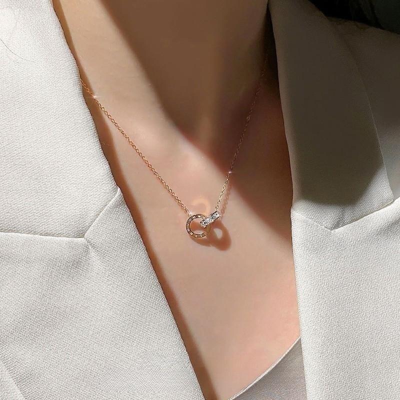 Titanium Steel Roman Numerals Double Ring Necklace Women'S Light Luxury Design Sense Collarbone Chain Neck Chain Accessories Do Not Fade