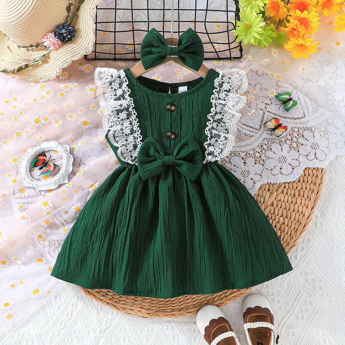 

Baby Girl Lace Trim Bow Dress, Sleeveless Textured Knit Swing Dress with Button Accent 6-9M бутылочная зеленый