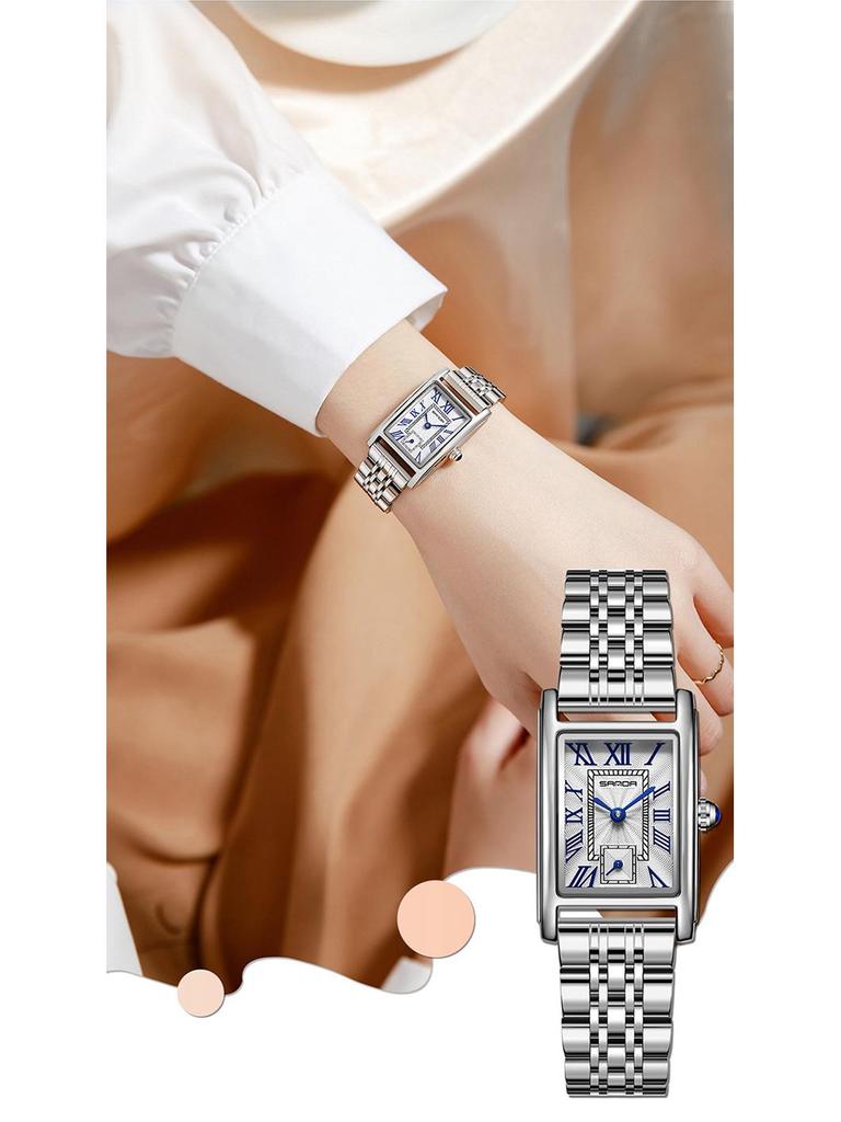 Stylish Sanda Square Steel & Leather Quartz Watch with Roman Numerals, Waterproof Design for Women