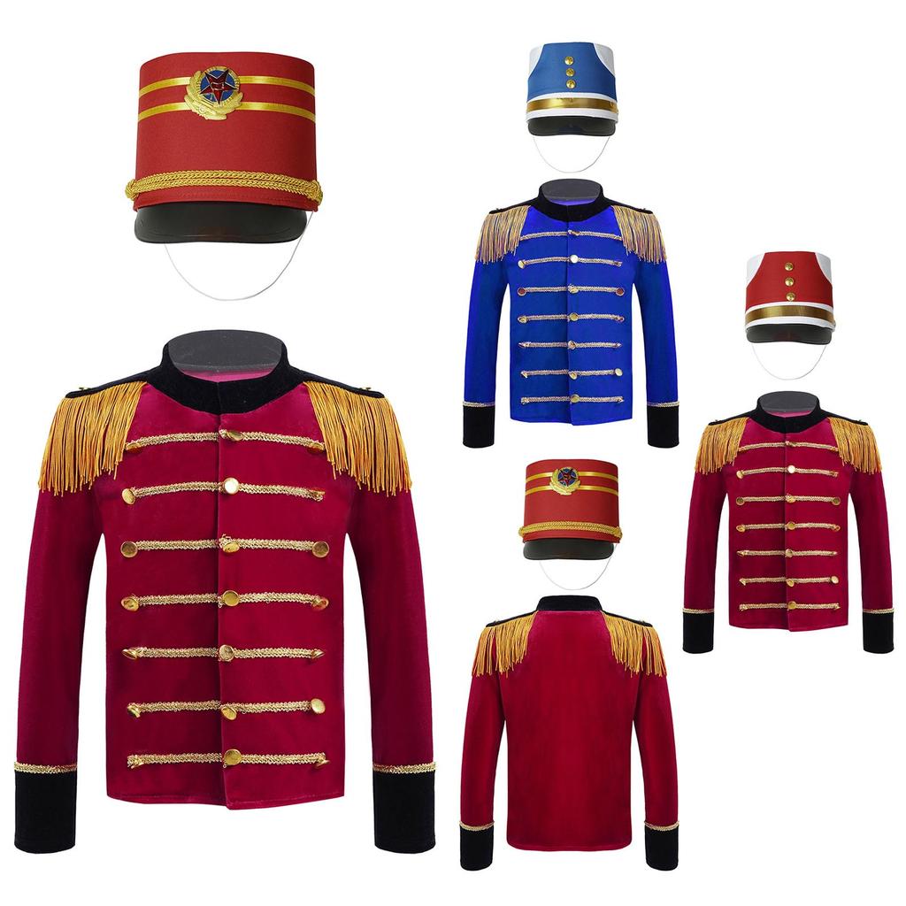 Boys Long Sleeve Tassels Shoulder Gold Braid Adorned Tops Hat Drum Trumpet Team Honor Guard Costume