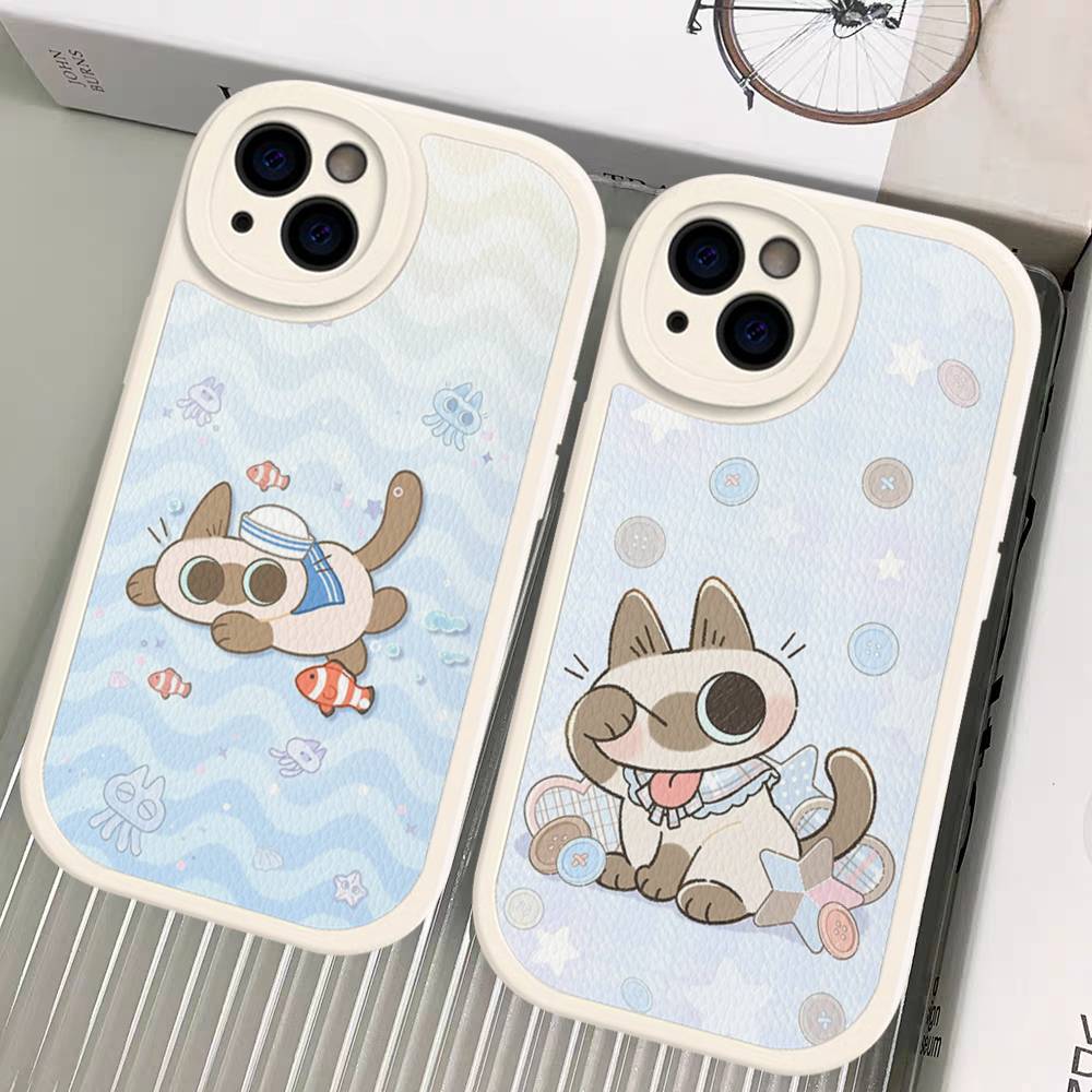 Cartoon Siamesische Katze Paar Handyhülle für iPhone 16 15 14 11 12 13 Pro Max Plus Rückseite Lederhülle