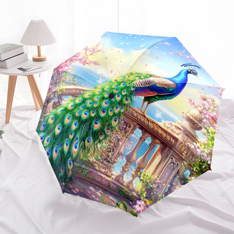 1 PC Automatic Folding Umbrella - Peacock Garden Pattern, Portable & Foldable Design with 8 Ribs, Christmas Birthday Gifts