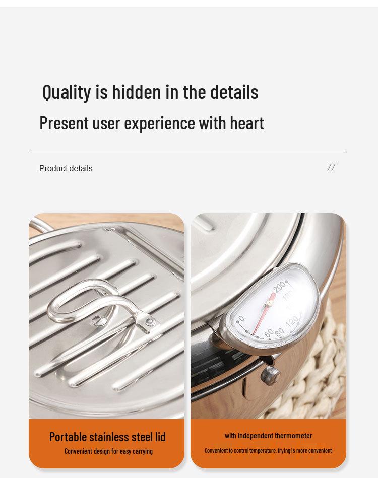 304 Stainless Steel Tempura Frying Pot with Double-Bottom, Oil-Saving, Temperature Control, and Thermometer for Gas and Induction Cookers