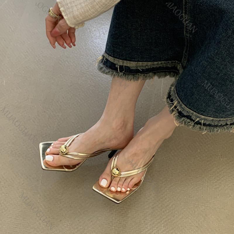 Fashion Fashion Clip Toe Pearl Slides Women Slippers Gladiator Sandals Summer Party Solid Square Toe Thin High Heels Flip Flops Shoes
