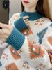 2024 Damenmode: Verdickter Jacquard-Lockerstrickpullover mit halbohem Kragen für Herbst und Winter