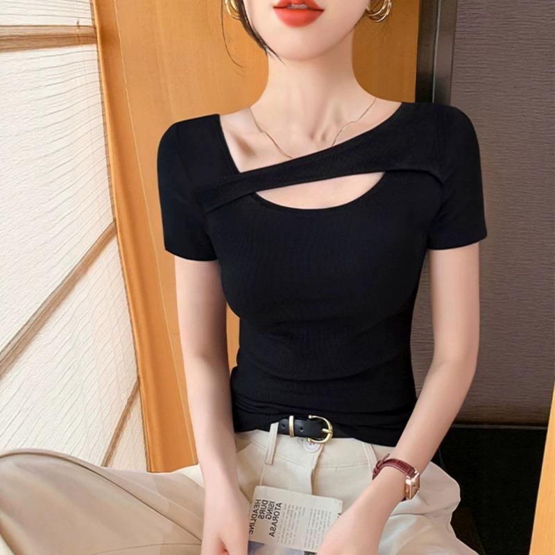 Women Black Ribbed Asymmetric Neck Cutout Short Sleeve Fitted Casual T Shirt S
