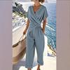 Macacão Feminino Decote V Manga Curta Casual Estilo Envelope Calça Capri Modelagem Solta Macacão de Verão