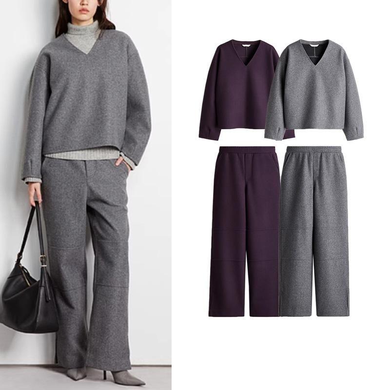 Fall and Winter New Women's Clothing Brushed Jersey V-neck Sweatshirt 1268253 High Waist Loose Pants 1268246