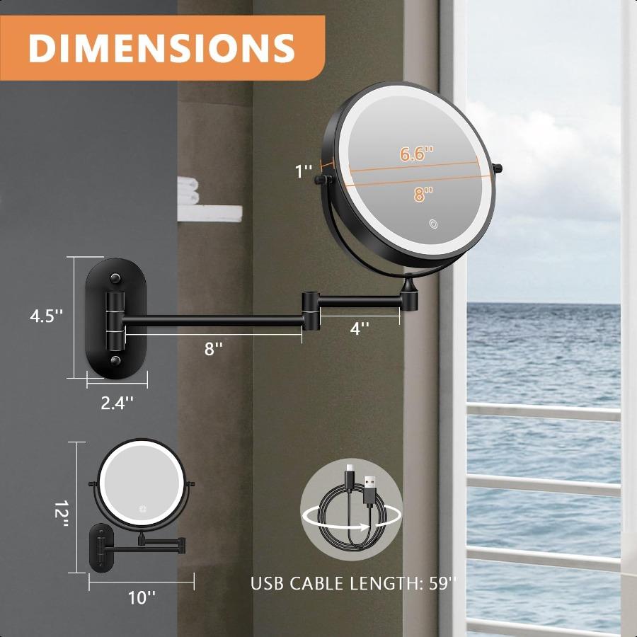 

1X 20X Настенное зеркало для макияжа с подсветкой 8 Перезаряжаемое двустороннее увеличительное зеркало Зеркало для туалетного столика с регулируемой яркостью 3 цвета подсветки United States