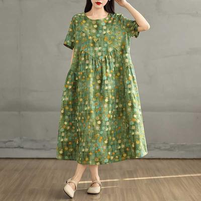 Vestido de Verão Retrô de Algodão e Linho com Gola Redonda e Manga Curta, Saia Larga Feminina