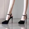 Women Pumps Sexy Stilettos Fashion Bowknot Pointed Toe Thin Ankle Strap Flock Ladies High Heels Female BLACK Wedding Shoes