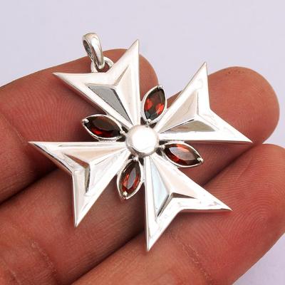 Garnet Maltese Cross Charm Pendant 925 Sterling Silver January Birthstone Jewelry