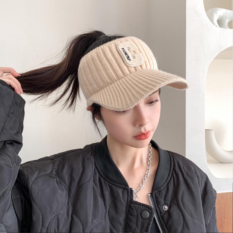 

Корейская версия осенне-зимней ветрозащитной шапки для женщин, модная вязаная шерстяная шапка с надписью, спортивная повседневная теплая бейсболка с открытым верхом, толстая One Size