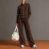 Women Stand Collar Button Front Track Suit Set Long Sleeve Top Wide Leg Pants Two Piece Outfit
