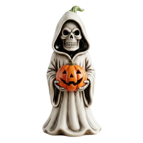 Halloween Skull Pumpkin Figurine Resin Skeleton Holding Pumpkin Statue Spooky Tabletop Ornaments for Indoor Home Decor