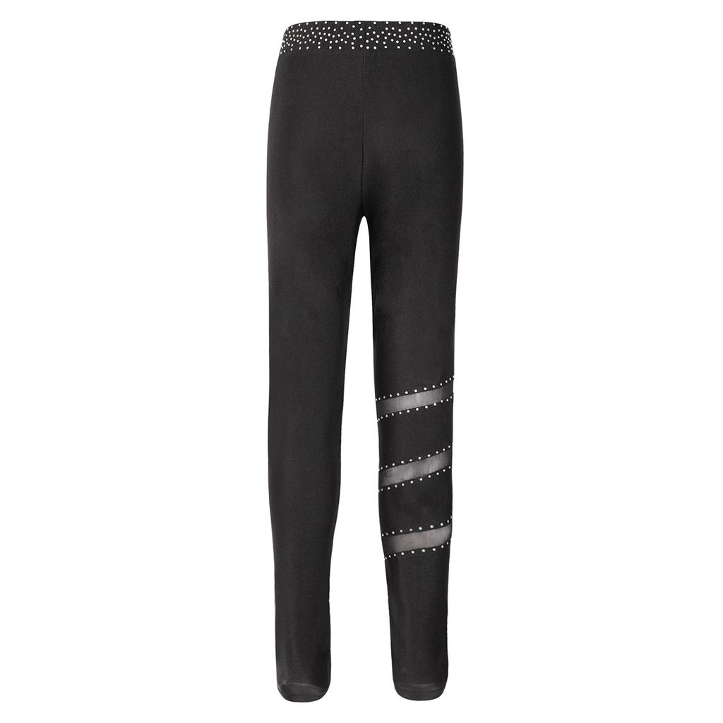 Girls Figure Skating Pants Sparkly Rhinestones Elastic Waistband Leggings Sheer Mesh Patchwork Trousers