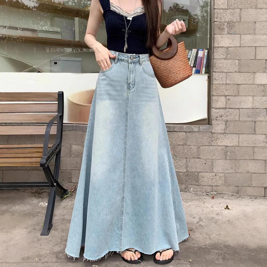 Retro Denim Mini Skirt Women's Spring Large Size Long A- Line Loose Slimming Bodycon Skirt