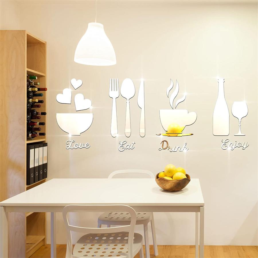 3D Acrylic Mirror Wall Stickers Kitchen Decor Fork Spoon Bowl Tea Cup Bottle Signs Modern Art Home Restaurant Wall Decoration