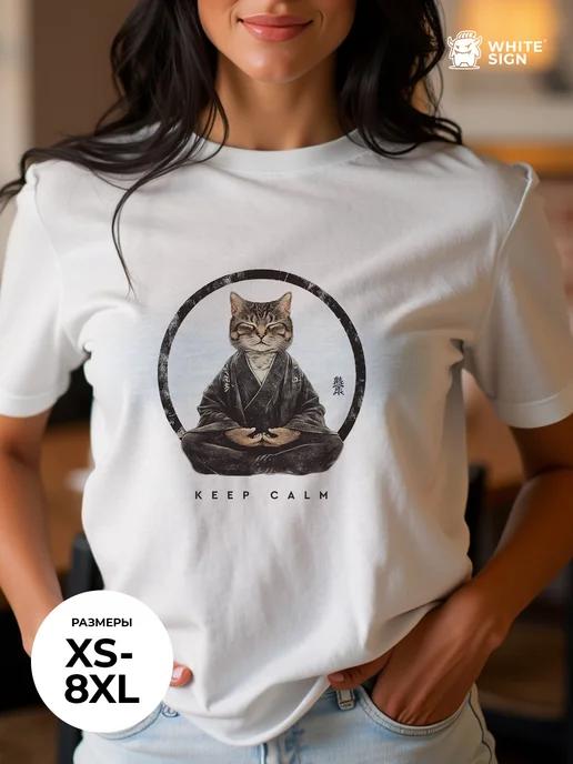 Stylish oversized cotton T-shirt with Zen Cat print XL