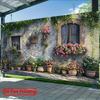 2D Italian Flower Wall Backdrop, Old Cottage with Potted Roses & Ivy for Outdoor Party