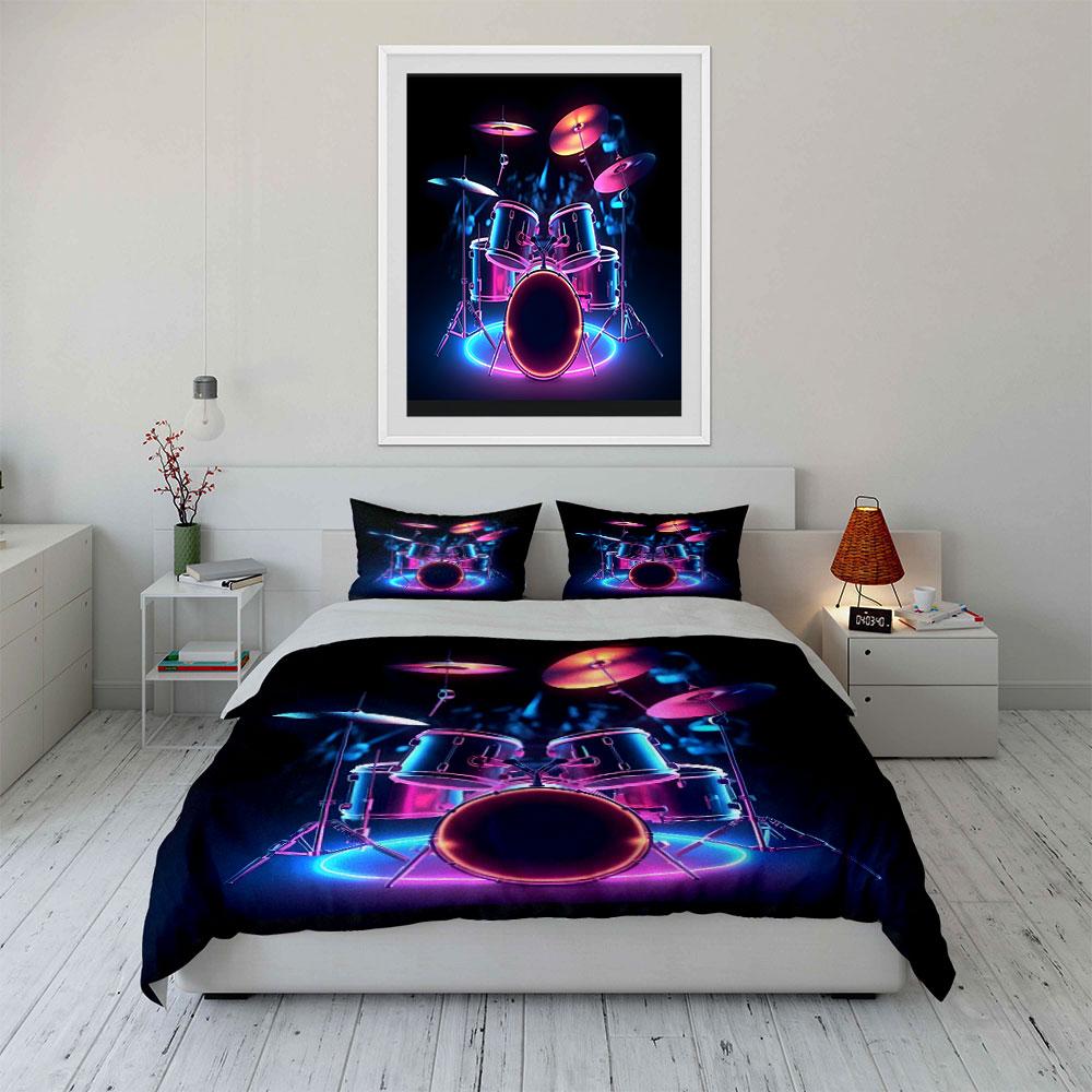 Neon Drum Set Art Decor Soft Comfortable Duvet Cover Bedding Set Included 1*Duvet Cover & 2*Pillowcases, Gift