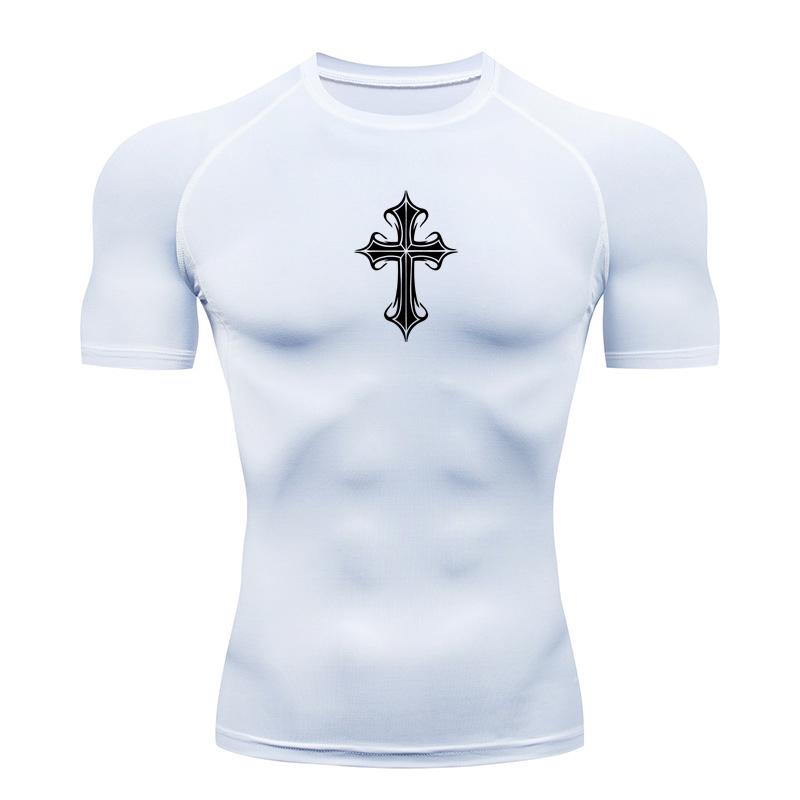 Cross Print Compression Shirts for Men Athletic Quick Dry Tshirt Tees Tops Gym Workout Running Rash Guard Baselayers Undershirts