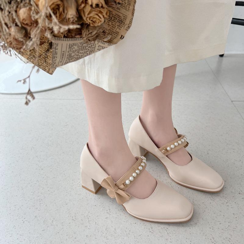 Fashion Ladies Summer Footwear on Heeled Pumps Shoes for Women 2025 with Straps Cute Square Heels Bow High Mary Jane Offer