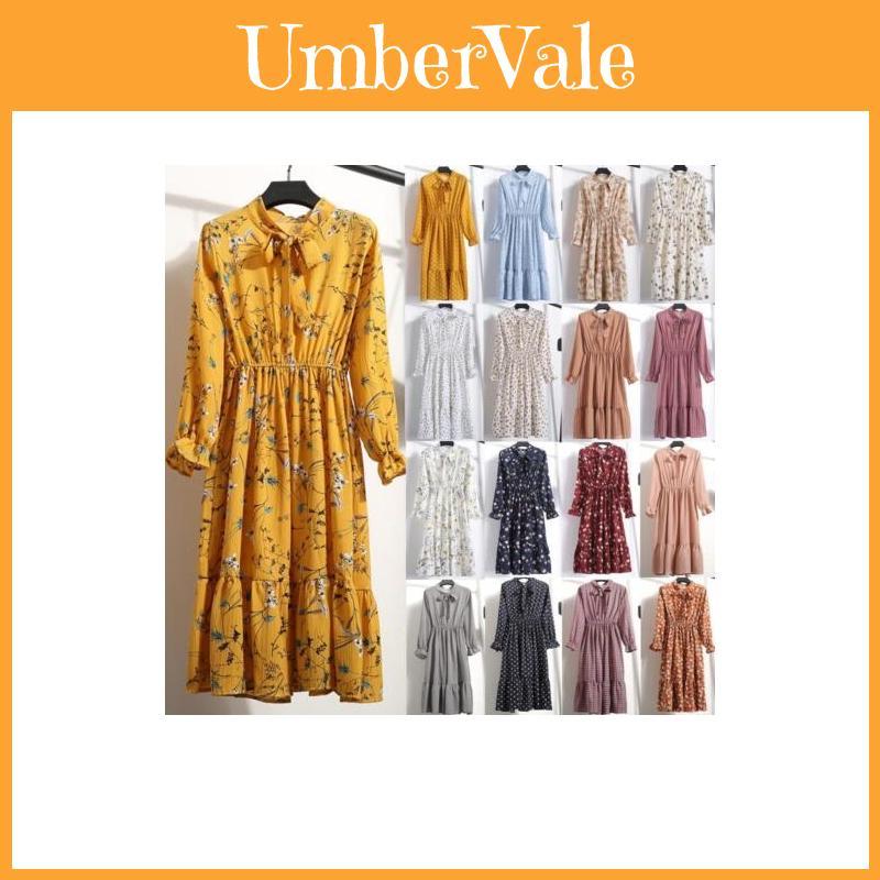 Elegante Abito Lungo Maxi Floreale in Chiffon a Maniche Lunghe da Donna per la Primavera 2018, Casual, da Festa, Vintage, Boho, in Colori Affascinanti