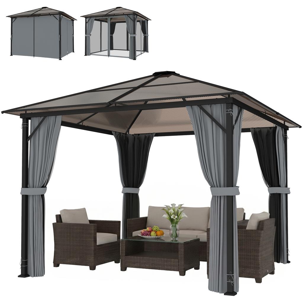 Pavilion With Polycarbonate Roof Curtains With Fly Screen Aluminum Frame Dark Gray 3 X 3 M